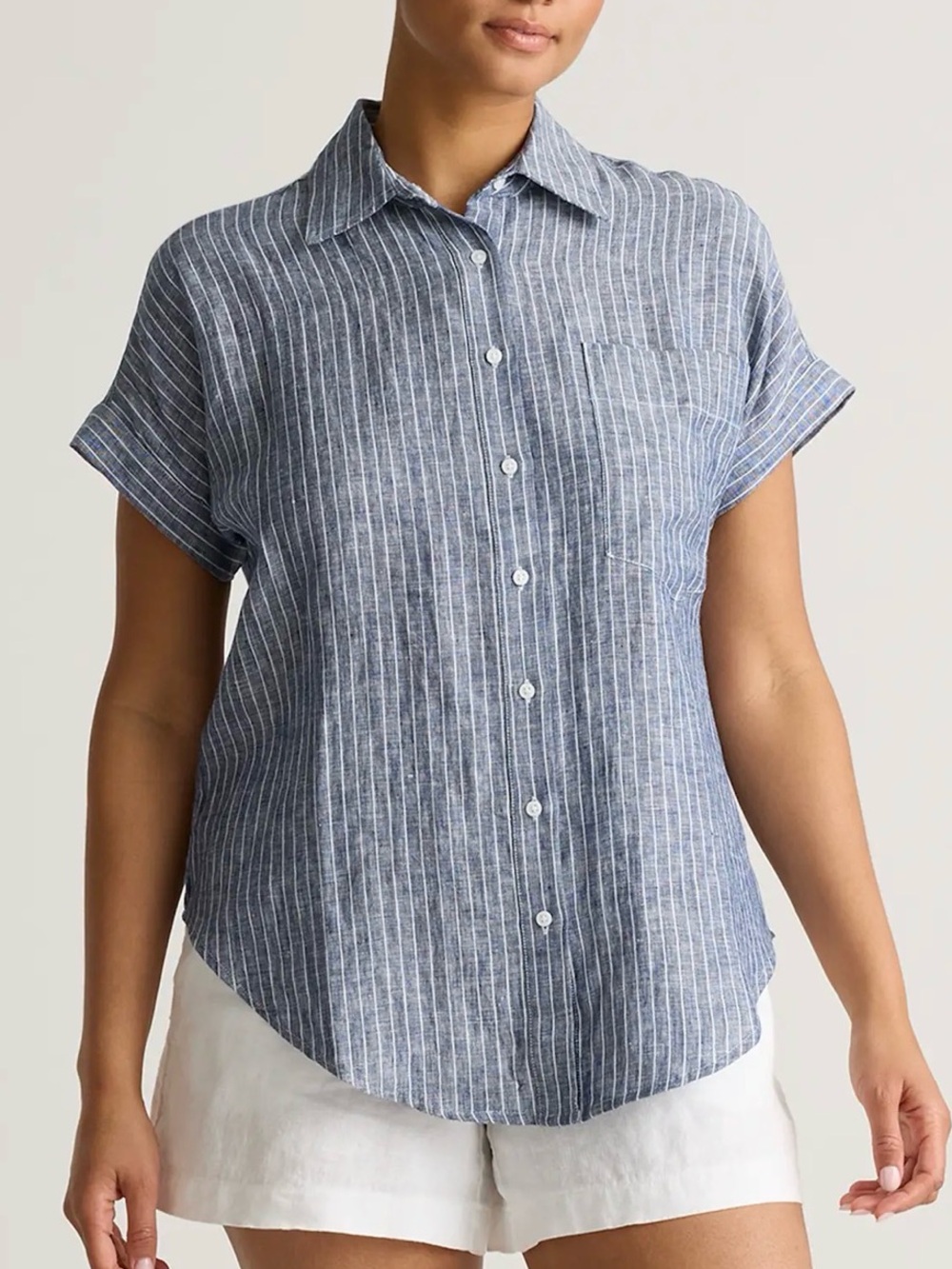Quince Women’s European Linen Button Down Camp Shirt, Chambray Striped XL